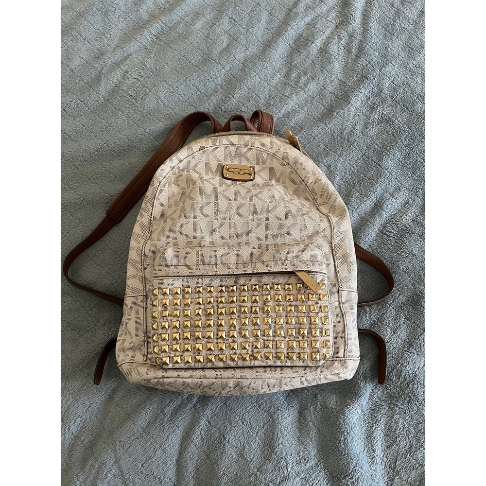 Michael Kors Abbey Studded Signature Logo Backpack Cream Tan Gold Studs